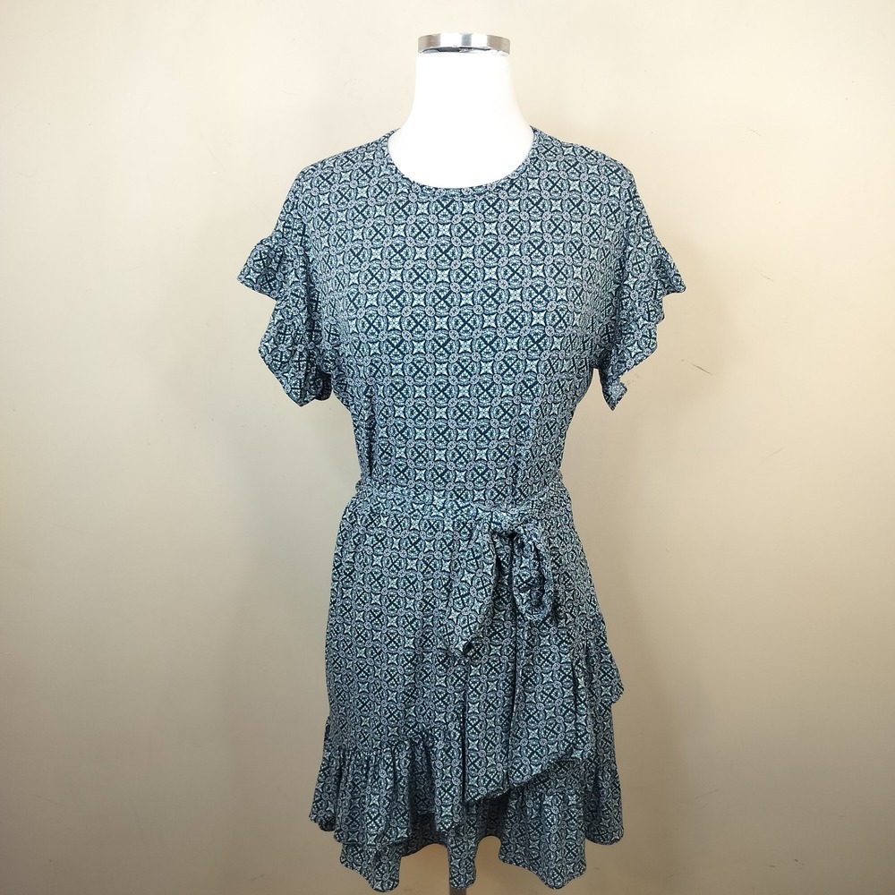Michael Kors Ruffled Wrap Dress Petite Medium Floral Geometric  Stretch Jersey